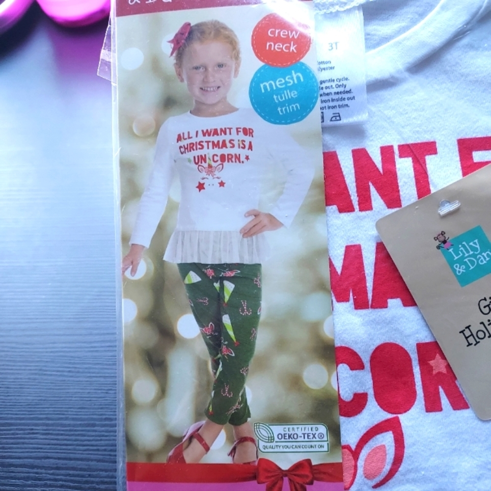 2 PC Christmas Pajama Set "All i want 4 Xmas is a Unicorn" size T3/ Lily &Dan